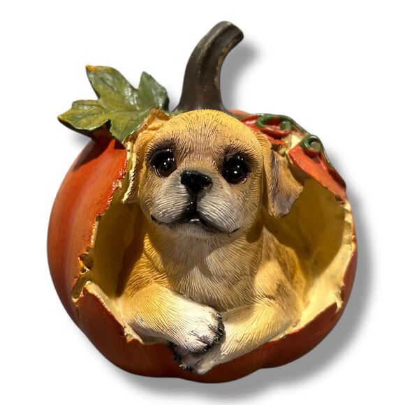 Yellow Lab Puppy in Pumpkin Figurine – Fall & Halloween Dog Lover Décor 4.5" - Picture 4 of 4